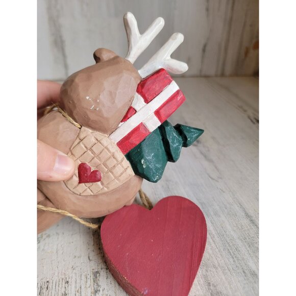 Reindeer wooden folk art figure heart ornament Xmas set - Picture 8 of 8